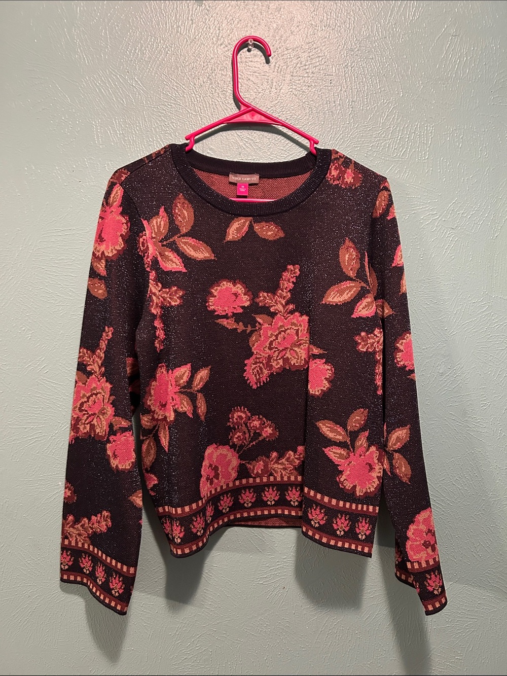 Vince Camuto Black Crewneck Sweater with Pink Floral Motif